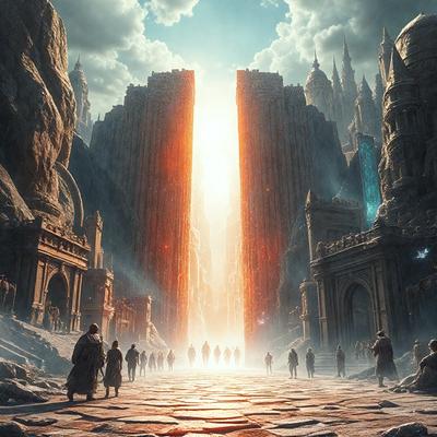 The primary subject of the image is a group of people walking down a path in a rocky, mountainous area. The setting is a rocky landscape with a large, open space, and the visual style appears to be a digital art or illustration. The colors in the image are predominantly dark, with the sunlight creating a warm and inviting atmosphere. The overall mood of the image is one of adventure and exploration.